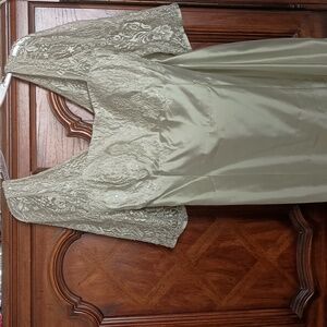 Liz Elana Pale Green Silk Half Sleeve Beaded Lace Bodice Formal Dress Size 16